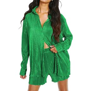 ABYOVRT Pleated 2 Piece Outfits for Women Long Sleeve Oversized Button Down Shirt Wide Leg Pants Sets Casual Loungewear in Saudi Arabia