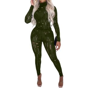 hibshaby Sexy Women Two Piece Outfits Hollow Out Long Sleeve Crop Top Bodycon Pants Set