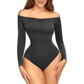 Hioffer Women Off Shoulder Long Sleeve Bodysuit Tummy Control Seamless Shapewear Sculpting Body Shaper Jumpsuit Tops in Kuwait