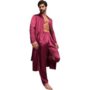 WDIRARA Men's Satin Sleepwear 3/4 Sleeve Belted Robe and Pants Pajamas Set