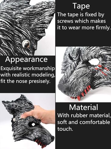 قناع الذئب التنكري للهالوين مع بقع الدم، قناع بشكل المستذئب بتصميم حيوي للحفلات للبالغين والأطفال - رمادي داكن in Kuwait