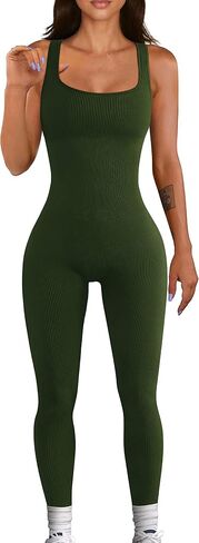 Picaurshe Women Yoga Rompers Sleeveless Workout Ribbed Square Neck Long Sport Tank Bodycon Jumpsuits in Saudi Arabia