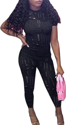 hibshaby Sexy Women Two Piece Outfits Hollow Out Long Sleeve Crop Top Bodycon Pants Set in Kuwait