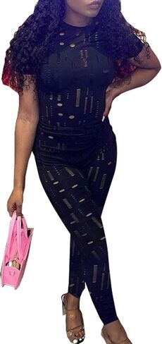 hibshaby Sexy Women Two Piece Outfits Hollow Out Long Sleeve Crop Top Bodycon Pants Set in Kuwait
