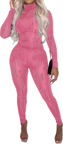 hibshaby Sexy Women Two Piece Outfits Hollow Out Long Sleeve Crop Top Bodycon Pants Set in Kuwait