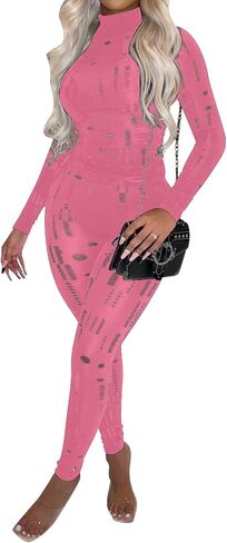 hibshaby Sexy Women Two Piece Outfits Hollow Out Long Sleeve Crop Top Bodycon Pants Set in Kuwait