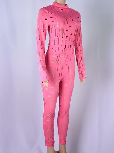 hibshaby Sexy Women Two Piece Outfits Hollow Out Long Sleeve Crop Top Bodycon Pants Set in Kuwait