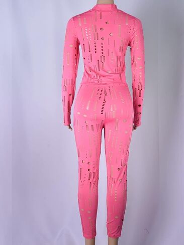 hibshaby Sexy Women Two Piece Outfits Hollow Out Long Sleeve Crop Top Bodycon Pants Set in Kuwait