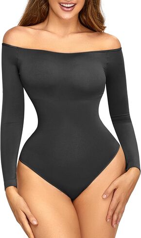 Hioffer Women Off Shoulder Long Sleeve Bodysuit Tummy Control Seamless Shapewear Sculpting Body Shaper Jumpsuit Tops in Kuwait