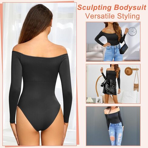 Hioffer Women Off Shoulder Long Sleeve Bodysuit Tummy Control Seamless Shapewear Sculpting Body Shaper Jumpsuit Tops in Kuwait