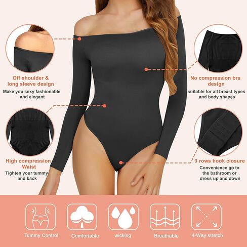 Hioffer Women Off Shoulder Long Sleeve Bodysuit Tummy Control Seamless Shapewear Sculpting Body Shaper Jumpsuit Tops in Kuwait