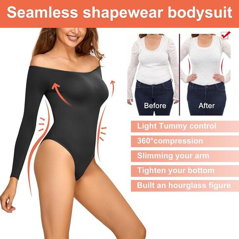 Hioffer Women Off Shoulder Long Sleeve Bodysuit Tummy Control Seamless Shapewear Sculpting Body Shaper Jumpsuit Tops in Kuwait