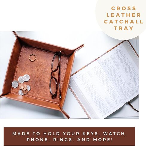 Cross Leather Valet Tray for Men with Scripture Included | EDC Dump Tray Catholic First Communion Gifts for Boys, Christian Gifts for Dad, Thoughtful Gifts for Men in Kuwait