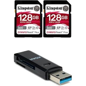 Kingston Canvas React Plus 128GB U3 V90 SDXC UHS-II SD Card (2-Pack) Bundle with 2-In-1 USB 3.0 Memory Card Reader (3 Items) in Kuwait