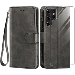 حافظة لهاتف سامسونج جالاكسي S23 الترا وواقي شاشة من الزجاج المقسى، حافظة هاتف بمحفظة من جلد البولي يوريثان [حماية كاملة] [فتحات للبطاقات] [مسند] لهاتف سامسونج S23 الترا، أسود in Kuwait