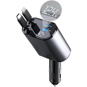 VRILU Retractable Car Charger 4 in 1with Dual Retractable USB Cord,USB A PD Port Voltage Meter Car USB Cigarette Lighter Adapter (TYPEC&IP) in Saudi Arabia