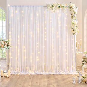 10x10ft Champagne Sheer Backdrop Curtains with Lights for Parties, Wrinkle Resistant Backdrop Curtain for Baby Shower Birthday Wedding Photo, 2 Pack 5x10FT Curtains