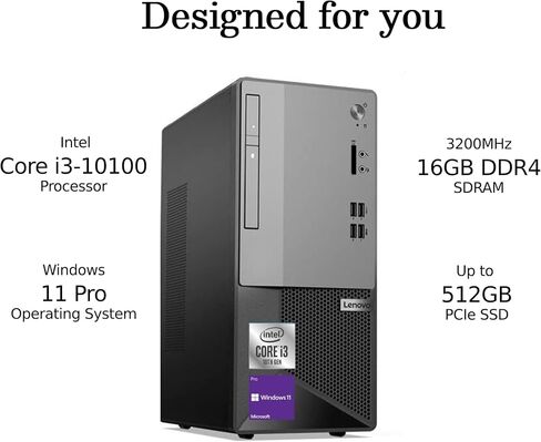 لينوفو كمبيوتر مكتبي V50t Gen2 بيزنس تاور بمعالج انتل كور i3-10100 وذاكرة RAM 16GB وSSD PCIe 512GB وDVD-RW وHDMI وRJ-45 ومنفذ عرض وكيبورد وماوس سلكي وويندوز 11 برو، اسود، بطاقة USB سنوبيل 32GB in Kuwait