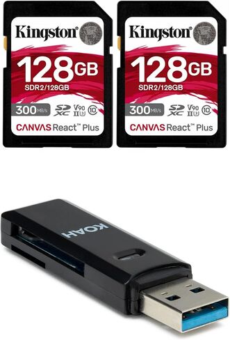 Kingston Canvas React Plus 128GB U3 V90 SDXC UHS-II SD Card (2-Pack) Bundle with 2-In-1 USB 3.0 Memory Card Reader (3 Items) in Saudi Arabia