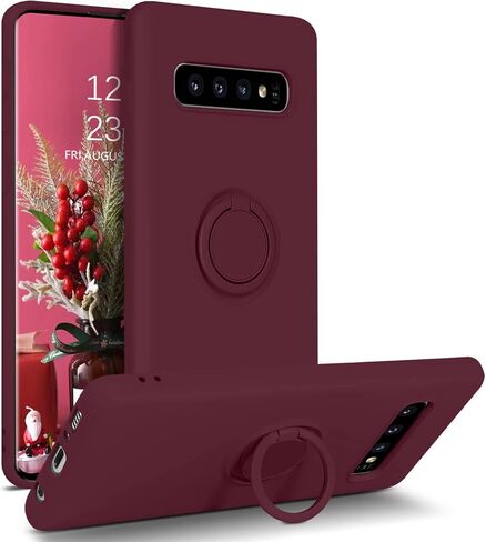 DUEDUE for Samsung Galaxy S10 Case, Liquid Silicone Slim Soft Gel Rubber Cover with Ring Kickstand Car Mount Function Shockproof Protective Anti Scratch Case for Samsung S10 6.1", Wine Red in Kuwait