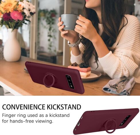DUEDUE for Samsung Galaxy S10 Case, Liquid Silicone Slim Soft Gel Rubber Cover with Ring Kickstand Car Mount Function Shockproof Protective Anti Scratch Case for Samsung S10 6.1", Wine Red in Kuwait