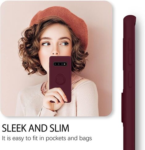DUEDUE for Samsung Galaxy S10 Case, Liquid Silicone Slim Soft Gel Rubber Cover with Ring Kickstand Car Mount Function Shockproof Protective Anti Scratch Case for Samsung S10 6.1", Wine Red in Kuwait