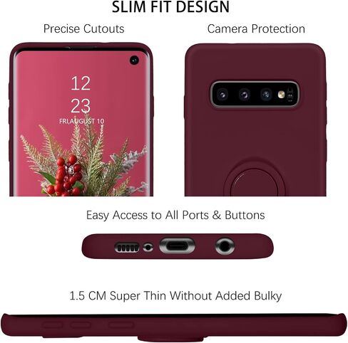 DUEDUE for Samsung Galaxy S10 Case, Liquid Silicone Slim Soft Gel Rubber Cover with Ring Kickstand Car Mount Function Shockproof Protective Anti Scratch Case for Samsung S10 6.1", Wine Red in Kuwait