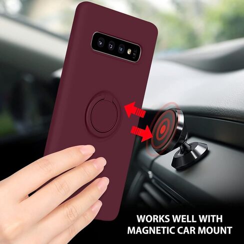 DUEDUE for Samsung Galaxy S10 Case, Liquid Silicone Slim Soft Gel Rubber Cover with Ring Kickstand Car Mount Function Shockproof Protective Anti Scratch Case for Samsung S10 6.1", Wine Red in Kuwait