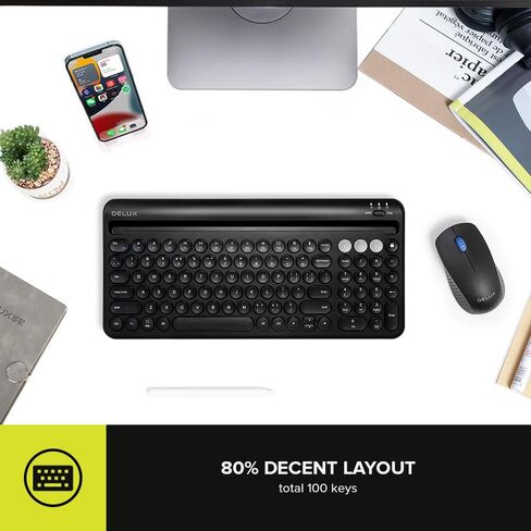 لوحة مفاتيح لاسلكية من DeLUX مع حامل حامل مدمج، BT5.0، قابلة لإعادة الشحن، مفاتيح مقصية - متوافقة مع أجهزة Mac/Windows/Android. 100 مفتاح للاب توب والتابلت. (K2212V-أسود) in Kuwait