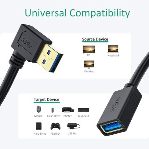 كيبل تمديد USB بزاوية قائمة من في سي زد اتش اس، كيبل وصلة USB 3.0 قصير بطول 1 قدم بزاوية قائمة 90 درجة USB 3.0 ذكر الى انثى بزاوية يسرى ويمنى واحد لكل منهما in Kuwait