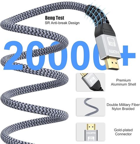 كابل HDMI 2.1 8K بطول 6.6 أقدام، حزمة من قطعتين، كابل HDMI عالي السرعة 8K سلك HDMI 48 جيجابت في الثانية (8K@60 هرتز، 4K@120 هرتز، 2K، 1080P، HDR، ثلاثي الأبعاد، eARC) لأجهزة الكمبيوتر المحمول، الشاشة، التبديل، PS5/PS4، Xbox in Kuwait