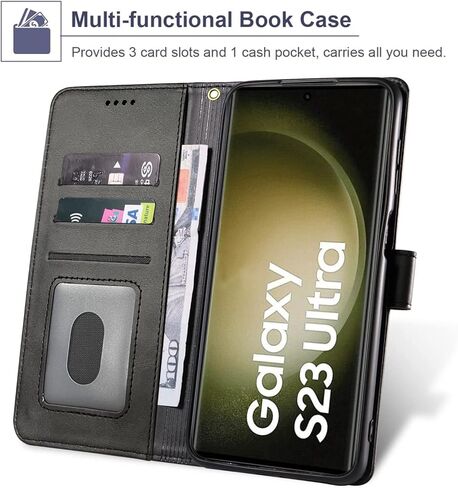 حافظة لهاتف سامسونج جالاكسي S23 الترا وواقي شاشة من الزجاج المقسى، حافظة هاتف بمحفظة من جلد البولي يوريثان [حماية كاملة] [فتحات للبطاقات] [مسند] لهاتف سامسونج S23 الترا، أسود in Kuwait