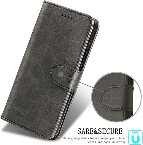 حافظة لهاتف سامسونج جالاكسي S23 الترا وواقي شاشة من الزجاج المقسى، حافظة هاتف بمحفظة من جلد البولي يوريثان [حماية كاملة] [فتحات للبطاقات] [مسند] لهاتف سامسونج S23 الترا، أسود in Kuwait