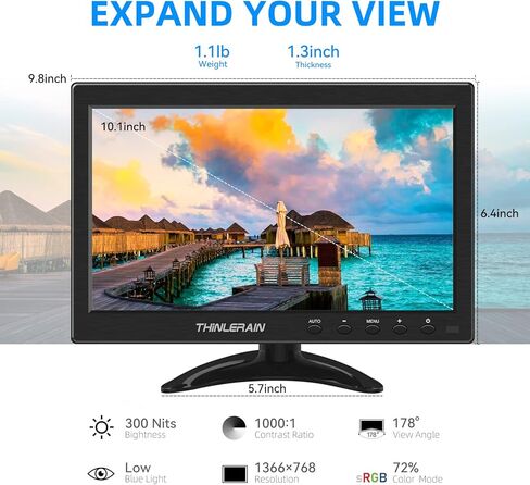 ثينليرين شاشة كمبيوتر صغيرة مقاس 10.1 انش مع لوحة IPS وشاشة LED 1366x768 تدعم مدخل HDMI VGA للكمبيوتر واللابتوب والمطبخ ومكبر صوت مدمج in Kuwait