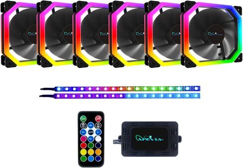 Apevia PN4P2-RGB Phoenix 120mm Silent Dual-Ring RGB Color Changing LED Fan with Remote Control, 16x LEDs & 8X Anti-Vibration Rubber Pads w/ 2 Magnetic LED Strips (4+2-pk) in Kuwait