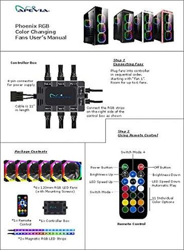 Apevia PN4P2-RGB Phoenix 120mm Silent Dual-Ring RGB Color Changing LED Fan with Remote Control, 16x LEDs & 8X Anti-Vibration Rubber Pads w/ 2 Magnetic LED Strips (4+2-pk) in Kuwait