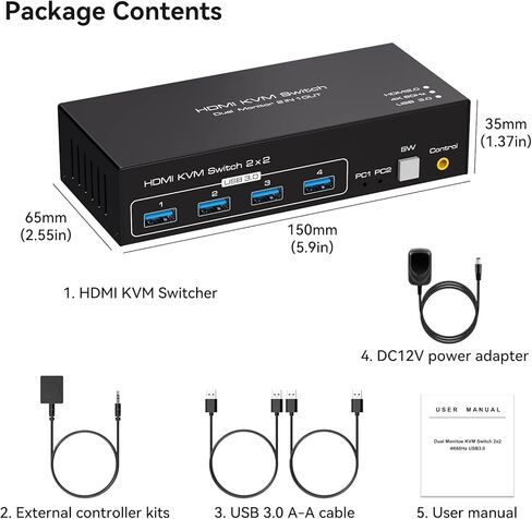 SPSWHD HDMI شاشة مزدوجة KVM Switch 2 شاشات 2 جهاز كمبيوتر 4K @ 60 هرتز USB 3.0 KVM مفاتيح لجهازي كمبيوتر أو أجهزة كمبيوتر محمولة مشاركة مجموعة واحدة من الطابعة والماسح الضوئي ولوحة المفاتيح تدعم الوضع الممتد والمكرر in Kuwait