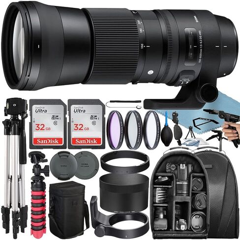 Sigma 150-600mm 5-6.3 Contemporary DG OS HSM Lens for Canon EF-Mount with 2 Pack SanDisk 32GB Memory Card + Backpack + Filter Kit + Tripod + A-Cell Accessory Bundle in Saudi Arabia