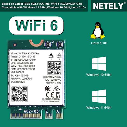 NETELY 802.11AX WiFi 6 AX200NGW MGFF M2 Interface WiFi Adapter with Bluetooth 5.0, WiFi 6 3000Mbps Speed, 2.4GHz 574Mbps & 5GHz 2400Mbps, Intel WiFi 6 AX200NGW WiFi Card (WiFi 6 AX200NGW) in Kuwait