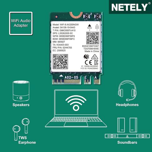 NETELY 802.11AX WiFi 6 AX200NGW MGFF M2 Interface WiFi Adapter with Bluetooth 5.0, WiFi 6 3000Mbps Speed, 2.4GHz 574Mbps & 5GHz 2400Mbps, Intel WiFi 6 AX200NGW WiFi Card (WiFi 6 AX200NGW) in Kuwait