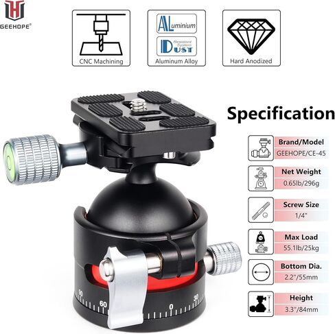 راس كروي ثلاثي القوائم من جيهوب CE-45 براس كروي معدني بانورامي عالمي 360 درجة لكاميرا دي اس ال ار ثلاثي القوائم احادي القوائم مع لوحة اركا سويس QR 45 ملم كرة كبيرة 1/4 انش تحميل برغي 55 باوند/25 كغم in Kuwait