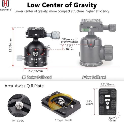 راس كروي ثلاثي القوائم من جيهوب CE-45 براس كروي معدني بانورامي عالمي 360 درجة لكاميرا دي اس ال ار ثلاثي القوائم احادي القوائم مع لوحة اركا سويس QR 45 ملم كرة كبيرة 1/4 انش تحميل برغي 55 باوند/25 كغم in Kuwait