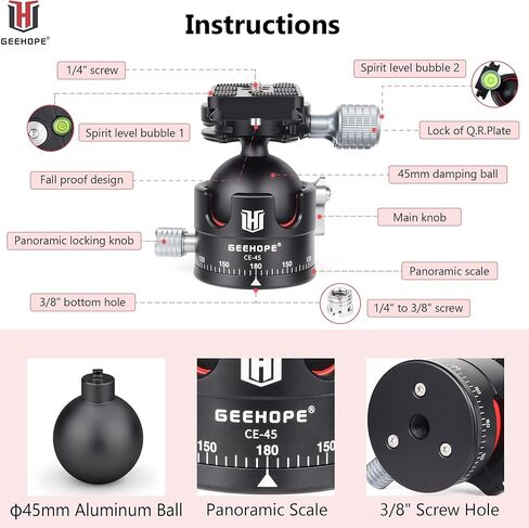 راس كروي ثلاثي القوائم من جيهوب CE-45 براس كروي معدني بانورامي عالمي 360 درجة لكاميرا دي اس ال ار ثلاثي القوائم احادي القوائم مع لوحة اركا سويس QR 45 ملم كرة كبيرة 1/4 انش تحميل برغي 55 باوند/25 كغم in Kuwait