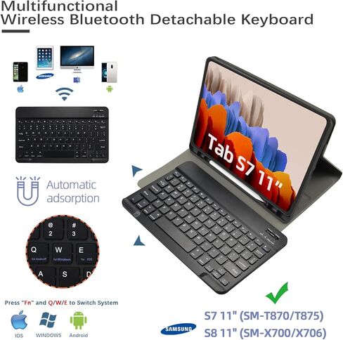 حافظة لوحة مفاتيح لجهاز Samsung Galaxy Tab S8/ Tab S7 11 بوصة (موديل SM-X700/X706/T870/T875)، لوحة مفاتيح لاسلكية قابلة للفصل، غطاء حامل نحيف خفيف الوزن مع حامل قلم in Kuwait