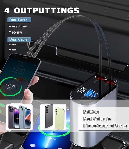 VRILU شاحن سيارة قابل للسحب 4 في 1 مع سلك USB مزدوج قابل للسحب، USB A PD منفذ الجهد متر محول ولاعة سجائر USB للسيارة (TYPEC&IP) in Saudi Arabia