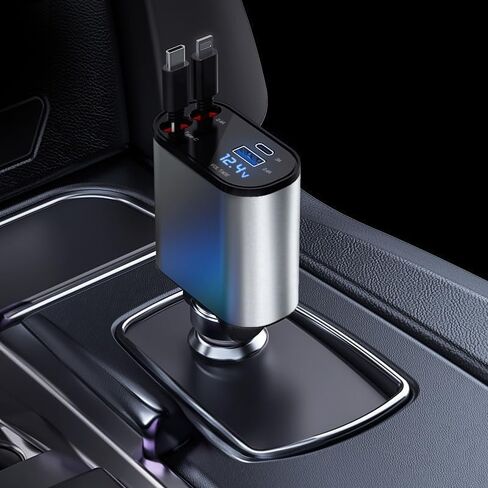 VRILU شاحن سيارة قابل للسحب 4 في 1 مع سلك USB مزدوج قابل للسحب، USB A PD منفذ الجهد متر محول ولاعة سجائر USB للسيارة (TYPEC&IP) in Saudi Arabia