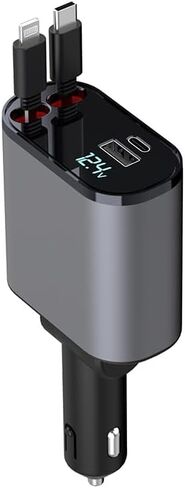 VRILU شاحن سيارة قابل للسحب 4 في 1 مع سلك USB مزدوج قابل للسحب، USB A PD منفذ الجهد متر محول ولاعة سجائر USB للسيارة (TYPEC&IP) in Saudi Arabia