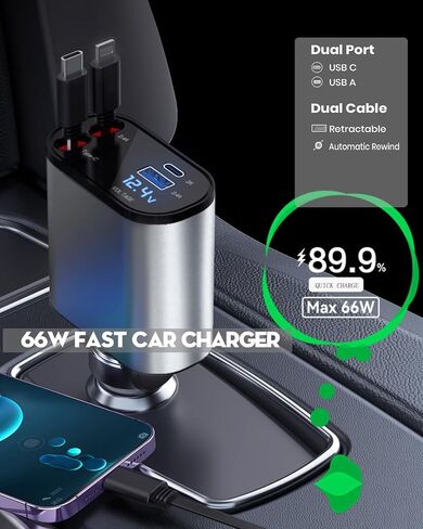 VRILU شاحن سيارة قابل للسحب 4 في 1 مع سلك USB مزدوج قابل للسحب، USB A PD منفذ الجهد متر محول ولاعة سجائر USB للسيارة (TYPEC&IP) in Saudi Arabia