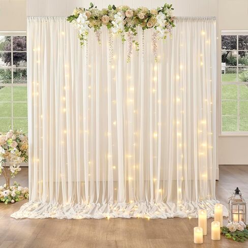 10x10ft Champagne Sheer Backdrop Curtains with Lights for Parties, Wrinkle Resistant Backdrop Curtain for Baby Shower Birthday Wedding Photo, 2 Pack 5x10FT Curtains in Kuwait