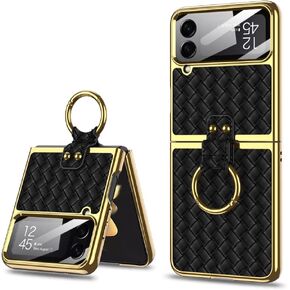 for Z Flip4 5G 2022 case 360°with Ring Luxury Electroplated PU Leather Cover Compatible with Samsung Galaxy Z Flip 4 5G Case Built-in Screen Protector Camera Phone Case (Black)